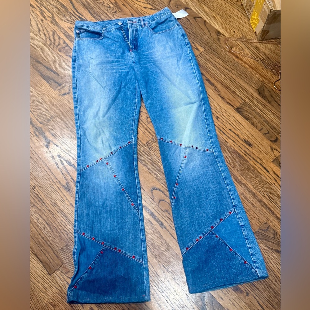 Vintage Neiman Marcus Blue Flare Jeans with red bedazzles size 12